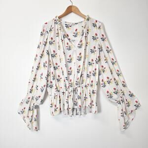 Derek Lam Collective Floral V-Neck Bell Sleeve Blouse White Size 54 or 3XL